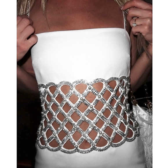 NWT RETROFETE Crystal & Pearl Embellished Lattice Waist Cutout Sleeveless Gown S - Picture 5 of 11